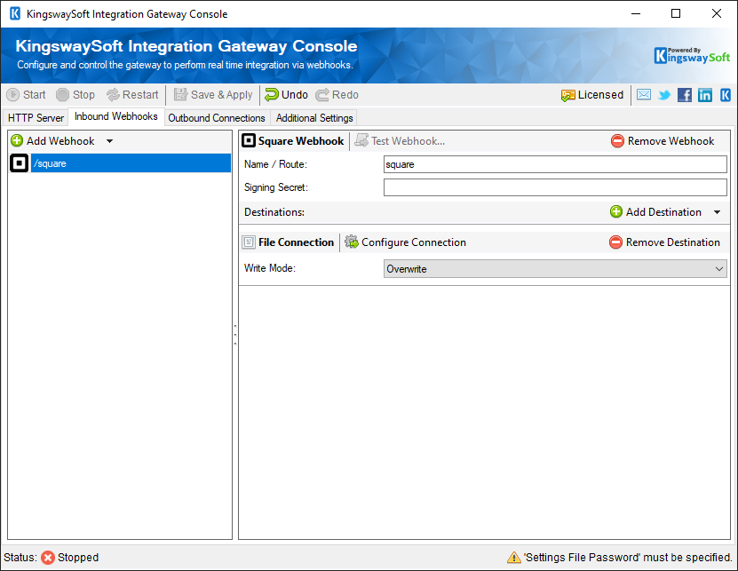 KingswaySoft Integration Gateway Console - Inbound Webhooks - Square